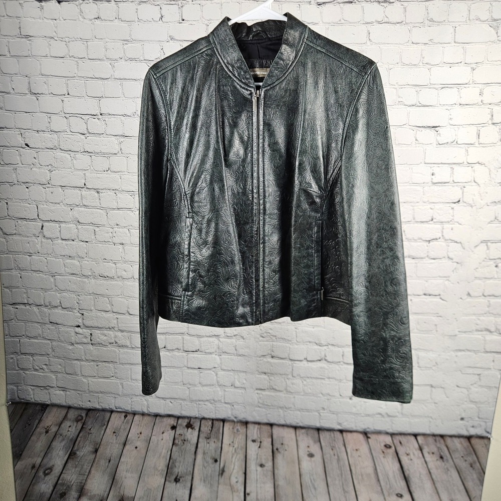 Valerie Separates Womens Large Green Embossed Paisley Floral Leather Jacket Zip
